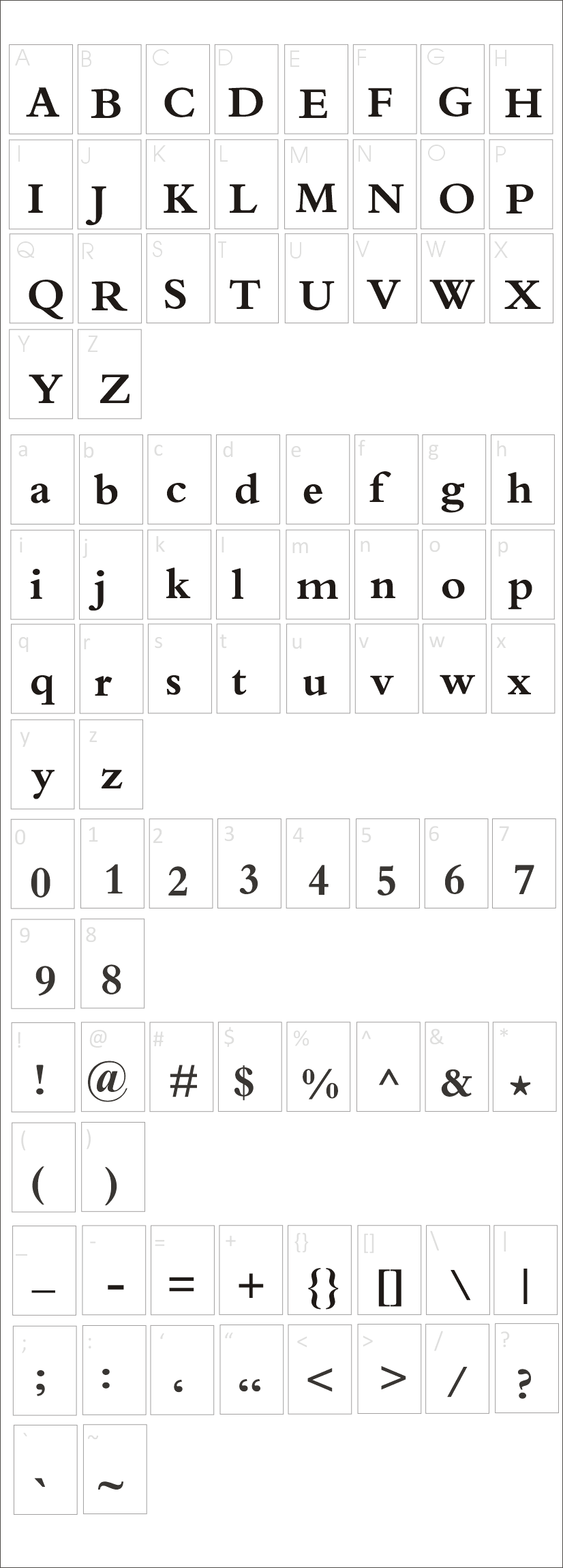 Bembo Font Characters Map