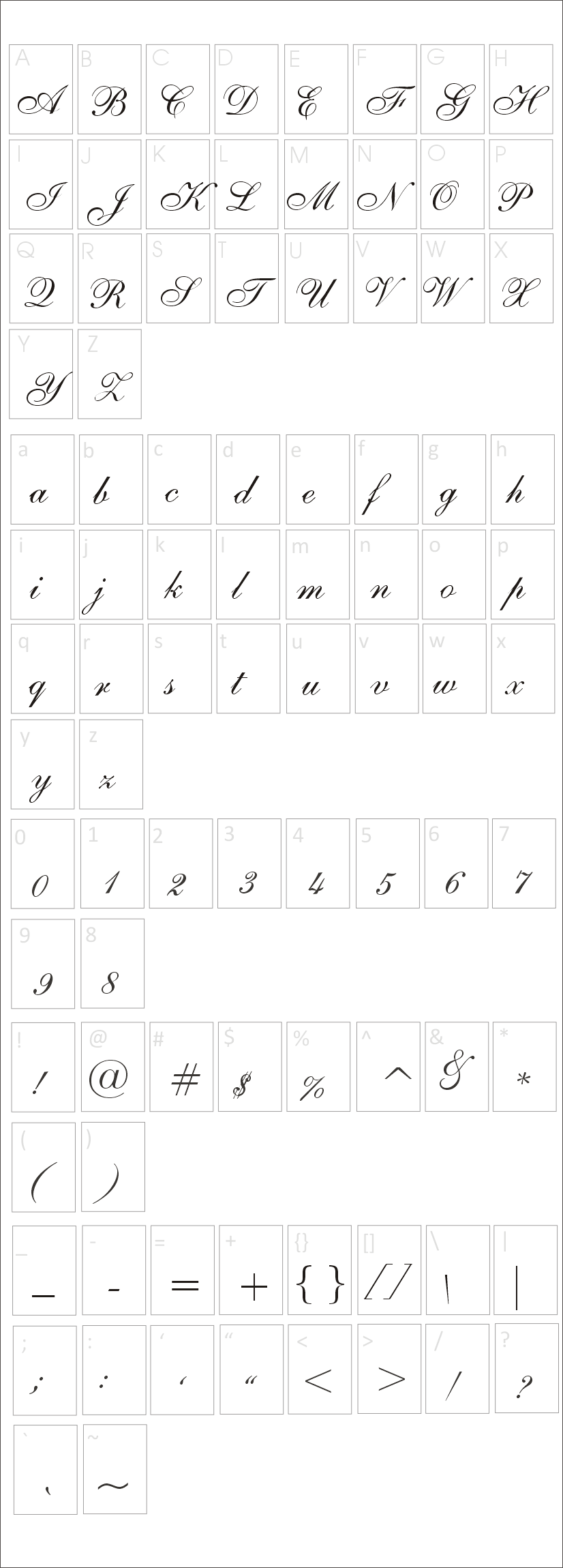ShelleyAllegro BT Font Characters Map